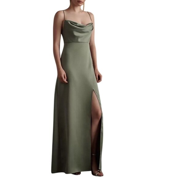 BHLDN Antropologie Women Remy Cowl-Neck Faux-Wrap Satin Gown Green Dress Maxi 4 - Picture 1 of 14